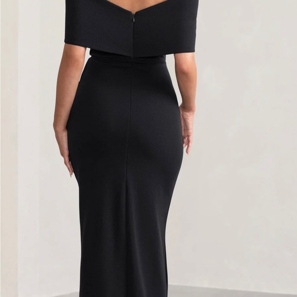 Club London BLACK BARDOT BOW DETAIL MAXI DRESS WITH THIGH SPLIT - Picture 2 of 2